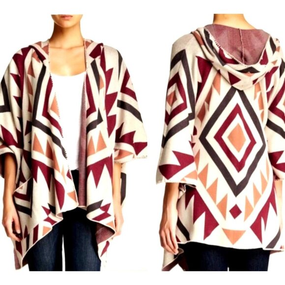 NEW! Billabong Boho Aztec Enchanted Ways Hooded Open Front Sweater Poncho SZ S - Picture 2 of 8
